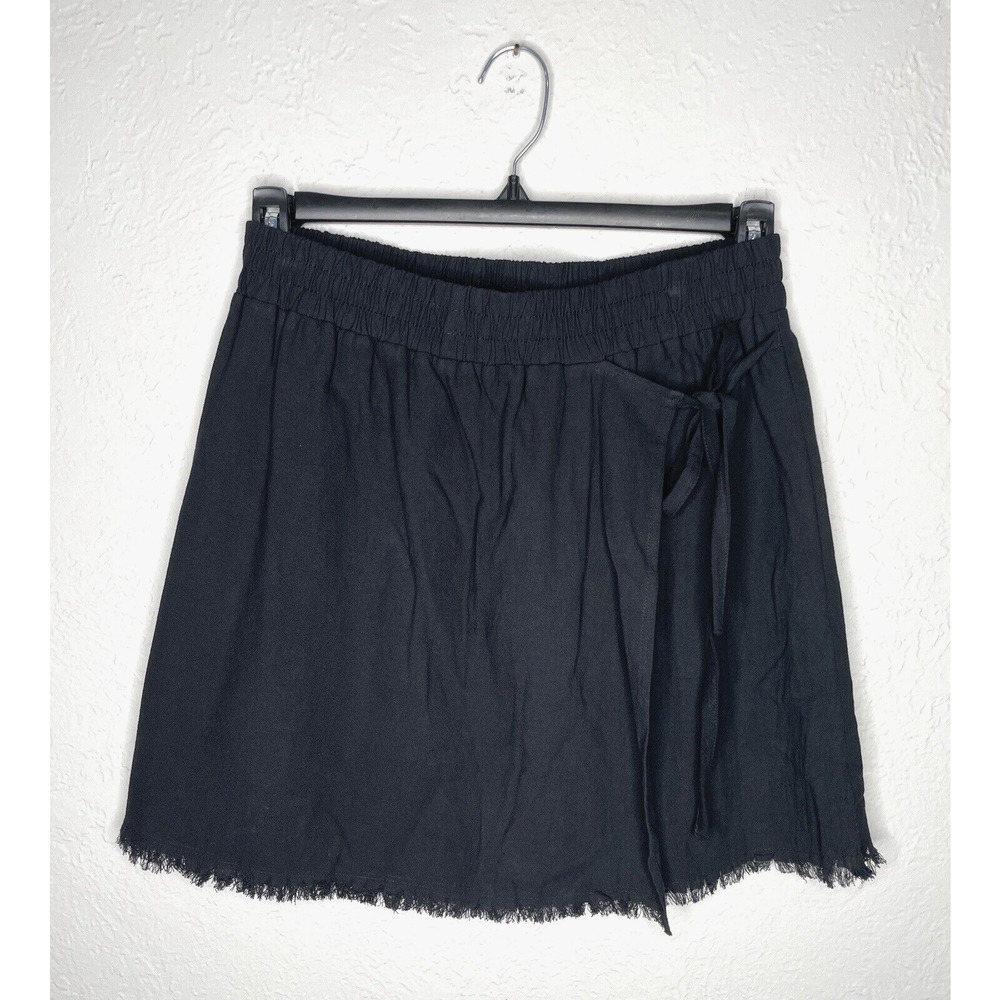 Hem & Thread Short Faux Wrap Skirt Women's M Back Cotton Elastic Waist Raw Hem